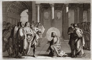 Biblia de Royaumont, Nuevo Testamento: La Mujer Adúltera. Jesucristo se desvía divinamente de las trampas que los judíos le tendieron, preguntándole qué se debía hacer con una mujer sorprendida en adulterio, diciendo, “El que de vosotros esté sin pecado, q