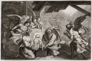 Biblia de Royaumont, Nuevo Testamento: La Natividad. Jesucristo nació de la Santísima Virgen María en un establo en Belén. Ilustración de 1811. de Unknown artist