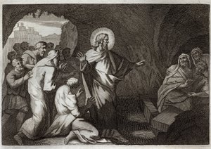 Biblia de Royaumont, Nuevo Testamento: La Resurrección de Lázaro por Jesucristo. Ilustración de 1811.