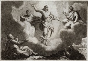Biblia de Royaumont, Nuevo Testamento: La Transfiguración de Jesucristo. Cristo rodeado de Moisés y Elías con los apóstoles San Juan, Pedro y Santiago abajo. Ilustración de 1811. de Unknown artist