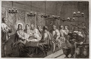Biblia de Royaumont, Nuevo Testamento: Las bodas de Caná. Primer milagro de Jesucristo que convirtió el agua en vino. Ilustración de 1811. de Unknown artist