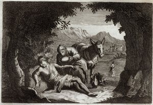 Biblia de Royaumont, Nuevo Testamento: La parábola del Buen Samaritano. El Samaritano se detiene en su camino para rescatar al hombre en apuros. Ilustración de 1811 de Unknown artist