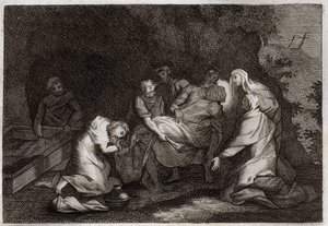 Biblia de Royaumont, Nuevo Testamento: Sepulcro. Sepulcro de Jesucristo. Entre los personajes que rodean el cuerpo de Jesucristo: la Virgen María, San Nicodemo, San José de Arimatea, San Juan Evangelista y Santa María Magdalena. Ilustración de 1811. de Unknown artist