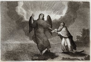 Biblia de Royaumont, Nuevo Testamento: Visión de San Juan. Visión del ángel con un libro abierto que da a San Juan para devorarlo. Ilustración de 1811. de Unknown artist