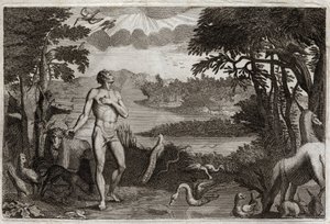 Biblia de Royaumont, Antiguo Testamento: Creación del Hombre y la Mujer. Dios que creó al hombre, lo pone en el Paraíso terrenal, y le prohíbe comer del fruto del árbol del conocimiento del bien y del mal. Ilustración de 1811. de Unknown artist