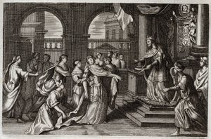 Biblia de Royaumont, Antiguo Testamento: Ester se presenta ante el rey Jerjes I (Asuero I), con la intención de salvar a su pueblo de la muerte que lo amenazaba. Ilustración de 1811.