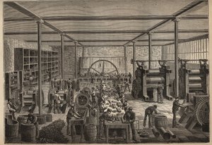 Caucho: fábrica de caucho. Grabado de 1885 en 