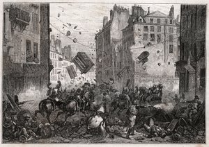 Rue Saint-Antoine durante las Tres Gloriosas (julio de 1830) - Revolución de 1830 Lucha en la barricada en Rue Saint-Antoine en 1830 de Unknown artist