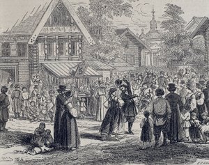 Rusia (siglo XIX). Fiesta en un pueblo. 1879 (grabado)