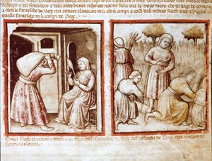 Rut y Noemí trabajando en los campos de Booz (Miniatura del códice 212 o Biblia de Padua) 1390-1400 Rovigo, Accademia dei Concordi de Unknown artist