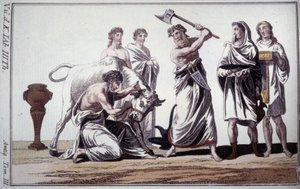 Sacrificio de un toro. Costumbre en la antigüedad romana. Grabado de principios del siglo XIX de Unknown artist