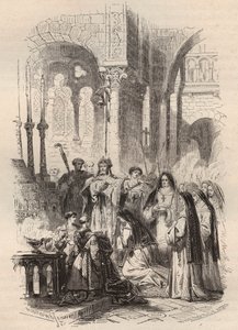 Navegación de Santa Cunegunda de Luxemburgo (ca. 975-1033/1039) en 1024, entregada por el obispo de Paderborn Meinwerk (ca. 975-1036) en la abadía benedictina de Kaufungen en Alemania. Grabado de 1868 en “Histoire de Belgique desde los tiempos primitivos h de Unknown artist