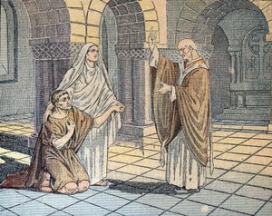 San Agustín de Hipona (354-430) y su madre santa Mónica frente a san Ambrosio (340-397) en Milán, 387 (San Agustín de Hipona con su madre santa Mónica frente a san Ambrosio de Milán, 387) Ilustración de "Le pelerin" 1933 Colección particular de Unknown Artist