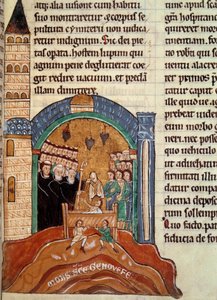 San Hugo de Cluny (1024-1109), abad de Cluny, rescata a un hombre muerto en París. Miniatura tomada de una colección histórica y litúrgica de Unknown artist