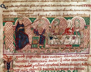 San Mauro (512-584) fundador del monasterio de Flanfeuil (San Mauro) en Anjou es recibido en la mesa de Gaidulfe de Rávena
