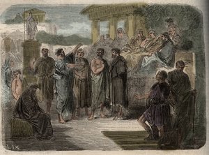 San Pablo predicando en Atenas - La predicción de San Pablo en Atenas - El discurso de Pablo en el Areópago - Pablo de Tarso en el Areópago de Atenas donde se reúnen los filósofos de la antigua Grecia - grabado de Unknown artist