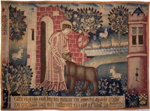 San Vaast y el oso. San Vaast, San Vedast o San Gaston (muerto en 540, obispo y santo patrón de Arras y su diócesis) doma al animal en las orillas del río Crinchon. Tapiz, segunda mitad del siglo XV. Museo de Bellas Artes de Arras de Unknown artist