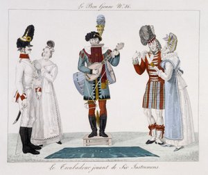 Saltimbanquis: El trovador tocando seis instrumentos - en “Le bon genre”, principios del siglo XIX de Unknown artist