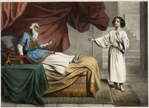 Samuel, que escucha la voz del Señor llamándolo en medio de la noche, piensa que es su mentor el sumo sacerdote Elí. Grabado anónimo de mediados del siglo XIX de Unknown artist