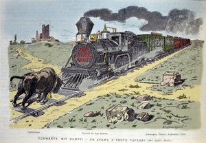 Viñeta alegórica satírica: el toro símbolo del capitalismo intenta detener el tren de la reforma laboral. Cada vagón está diseñado para un país: Alemania, Francia, Inglaterra, Italia 1897 de Unknown artist