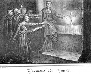 Escena que representa a jesuitas tomando juramento. Grabado de finales del siglo XIX de Unknown artist