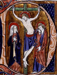 Escena de crucifixión en una cabecera (letra D). Miniatura en 