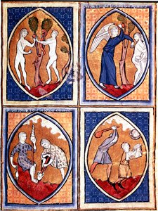 Escenas de la Biblia representadas en mandorlas. Arriba Adán y Eva recogiendo el fruto prohibido, luego cazando del cielo. Abajo Adán trabaja la tierra y Eva da la lana, Caín y Abel. Miniatura de un manuscrito del siglo XIII de Unknown artist
