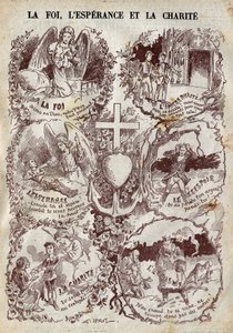 Escenas que ilustran Fe, Esperanza, Caridad y sus opuestos, Incredulidad, Desesperación y Egoísmo. Ilustración en “Le Pelerin” del 27 de marzo de Unknown artist