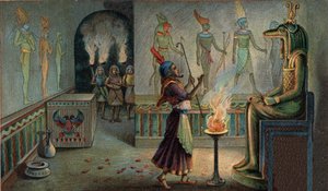 Escenas de Reinos Perdidos: Ceremonias funerarias en mausoleos egipcios. El faraón reinante, que en su calidad de sumo sacerdote del culto, estaba a cargo de los sacrificios en honor a sus predecesores, está específicamente ocupado como oficial ante el dio