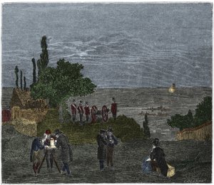Experimento científico: el cálculo de la velocidad del sonido, por Humboldt, Louis-Joseph Gay-Lussac, Bouvard, Prony y Mathieu, que determinan el tiempo que transcurre entre la percepción de la luz y la de un disparo, en la noche de Unknown artist