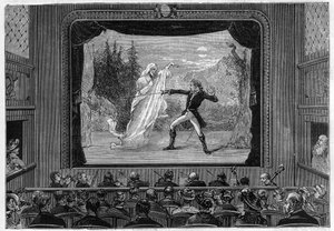 Espectáculos científicos: espectros vivos. Experiencia de los espectros en el escenario del teatro. Un comediante lucha contra un fantasma. Grabado en “La Nature”