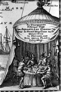 Sebastiano Caboto (Sebastien Cabot) representado en el cartucho de un mapa de navegación con otros navegantes. Principios del siglo XVII