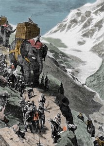 Segunda Guerra Púnica. El ejército de Aníbal Barca cruzando los Alpes, 218 a.C. Grabado italiano del siglo XIX.