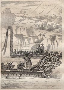 Segundo viaje (1772-1775) del Capitán James Cook (1728-1779): canoas de guerra neozelandesas - ilustración tomada de 