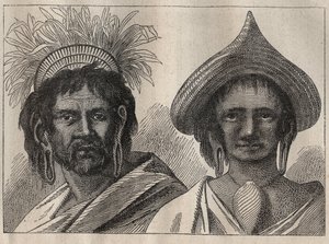 Segundo viaje (1772-1775) del capitán James Cook: hombre y mujer de la Isla de Pascua - ilustración de 
