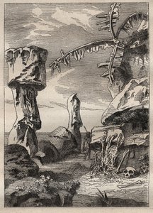 Segundo viaje (1772-1775) del Capitán James Cook (1728-1779): monumentos de la Isla de Pascua (estatuas monumentales, moai) - ilustración tomada de 