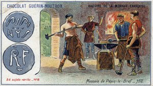 Serie Histoire de la Monnaie Française publicada por Chocolat Guérin Boutron. Cromolitografía del siglo XIX. Moneda de Pepino el Breve en 752 de Unknown artist