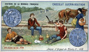 Serie Historia de la Moneda Francesa publicada por Chocolat Guérin Boutron. Cromolitografía siglo XIX. Denario de plata de Clodoveo II en 638 de Unknown artist