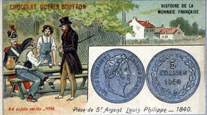 Serie Historia de la Moneda Francesa publicada por Chocolat Guérin Boutron. Cromolitografía del siglo XIX. Moneda de plata de 5 francos. Luis Felipe I en 1840 de Unknown artist