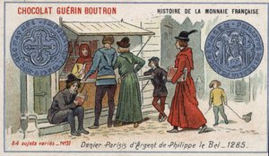 Serie Historia de la Moneda Francesa publicada por Chocolat Guérin Boutron. Cromolitografía del siglo XIX. Denier de plata de Felipe el Hermoso en 1285 de Unknown artist