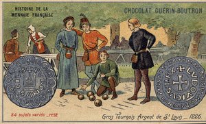 Serie Historia de la Moneda Francesa publicada por Chocolat Guérin Boutron. Cromolitografía del siglo XIX. Grandes torneos. Plata de San Luis. 1226 de Unknown artist