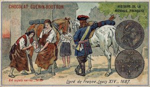 Serie Historia de la Moneda Francesa publicada por Chocolat Guérin Boutron. Cromolitografía del siglo XIX. Liard de Francia. Luis XIV en 1687 de Unknown artist