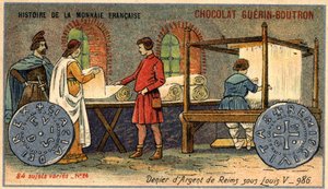 Serie Historia de la Moneda Francesa publicada por Chocolat Guérin Boutron. Cromolitografía del siglo XIX. El Denier de Plata de Reims bajo Luis V en 986 de Unknown artist