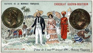 Serie Historia de la Moneda Francesa publicada por Chocolat Guérin Boutron. Cromolitografía del siglo XIX. Moneda de bronce de 5 centavos en 1841. Colonias francesas de Unknown artist