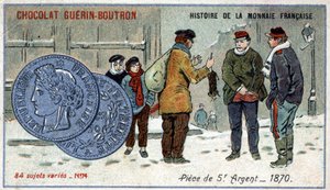 Serie Historia de la Moneda Francesa publicada por Chocolat Guérin Boutron. Cromolitografía del siglo XIX. Moneda de plata de 5 francos en 1870 de Unknown artist