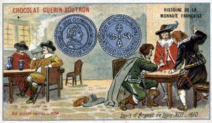 Serie Historia de la Moneda Francesa publicada por Chocolat Guérin Boutron. Cromolitografía del siglo XIX. Luis XIII Moneda de plata en 1610 de Unknown artist