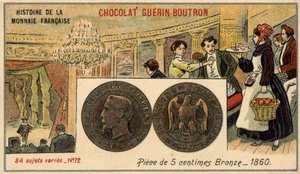 Serie Historia de la Moneda Francesa publicada por Chocolat Guérin Boutron. Cromolitografía del siglo XIX. Moneda de bronce de 5 centavos en 1860. Napoleón III