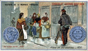 Serie Historia de la Moneda Francesa publicada por Chocolat Guérin Boutron. Cromolitografía del siglo XIX. Moneda de 20 centavos en 1870 de Unknown artist