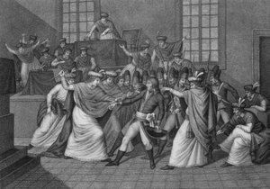 Sesión del cuerpo legislativo en la orangerie de Saint Cloud: Bonaparte se presenta en la Asamblea del Consejo de los Quinientos y la disuelve el 19 de brumario año VIII durante el golpe de estado del 18 de brumario. de Unknown artist