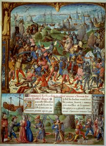 Séptima Cruzada (1248-1254). Arriba, Luis IX (San Luis) (1215-1270), Rey de Francia, con los cruzados después de ser derrotados por los sarracenos en Mansourah en 1250. Se retiraron detrás de las torres de Damasco. Luis IX y sus dos hermanos son tomados pr